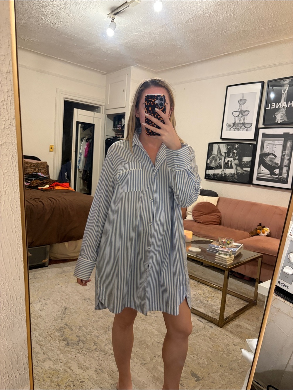 Women's Oversized Blue Stripe Button-Up Shirt